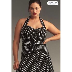 NEW Anthropologie Maeve Black Polka Dot Halter Ruched High Low Dress Plus 22W